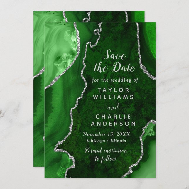 Invitation Green and Silver Agate Marble Save The Date (Devant / Derrière)