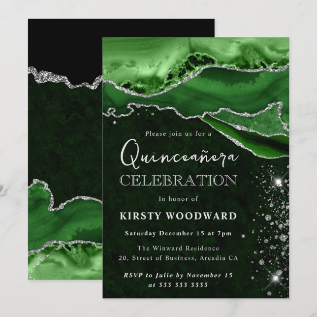 Invitation Green and Silver Glitter Agate Quinceanera (Devant / Derrière)