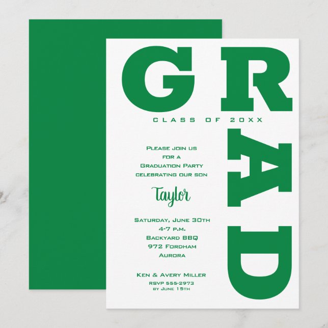 Invitation Green and White Graduation Party (Devant / Derrière)