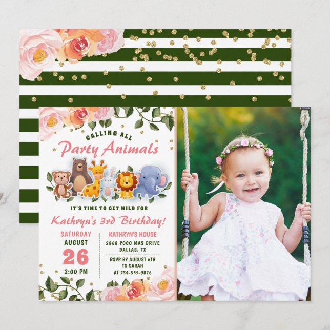 Invitation Green Animal Friends Pink Floral Photo Anniversair (Devant / Derrière)