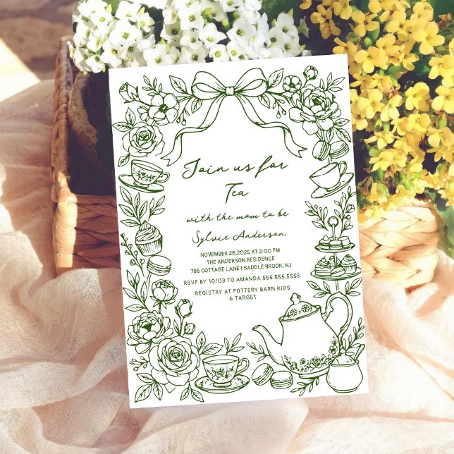 Invitation green baby shower tea bow hand drawn (Créateur téléchargé)