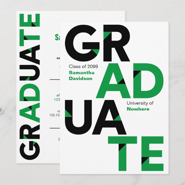 Invitation Green Big Bold Angle-Cut Lettres Graduation (Devant / Derrière)