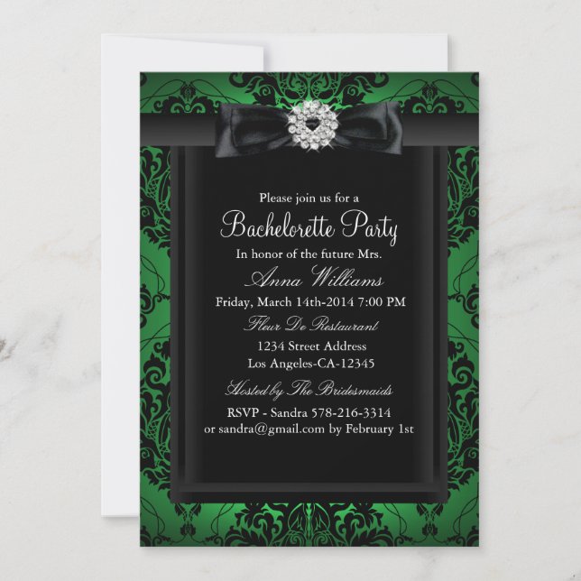 Invitation Green & Black Chic Damask Bachelorette Party (Devant)