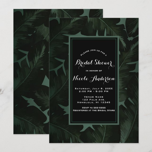 Invitation Green & Black Chic Feuille Fête des mariées Tropic (Devant / Derrière)