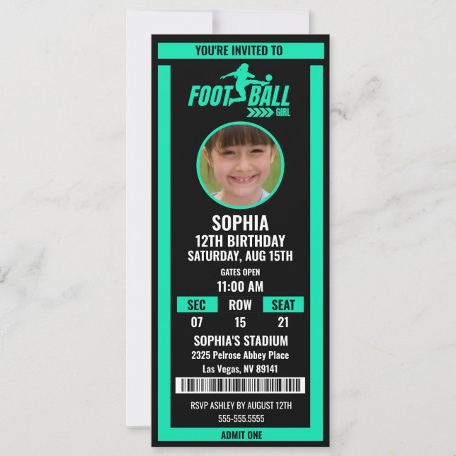 Invitation Green Black Football Ticket Birthday Photo (Devant)