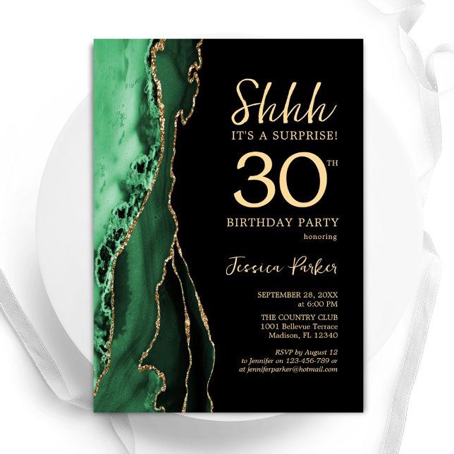 Invitation Green Black Gold Agate Surprise 30e anniversaire (Créateur téléchargé)