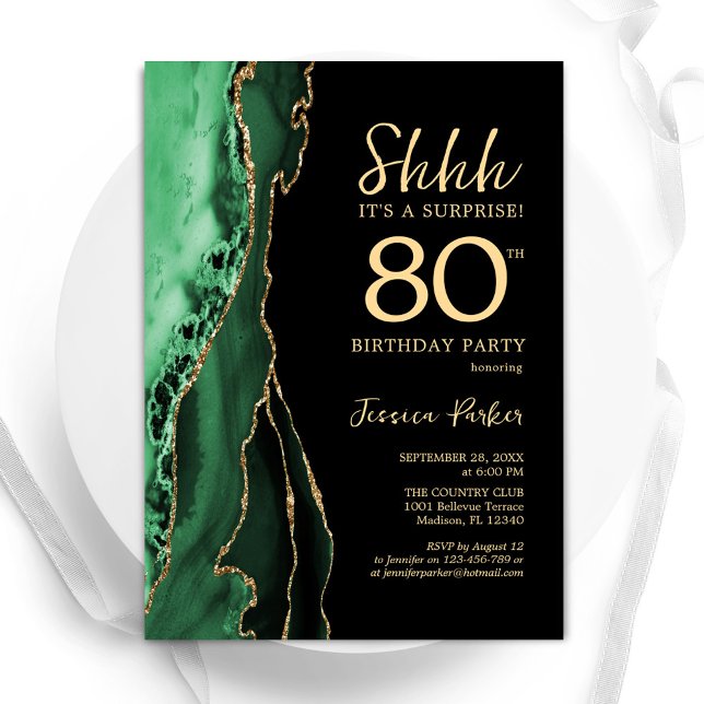 Invitation Green Black Gold Agate Surprise 80e anniversaire (Créateur téléchargé)