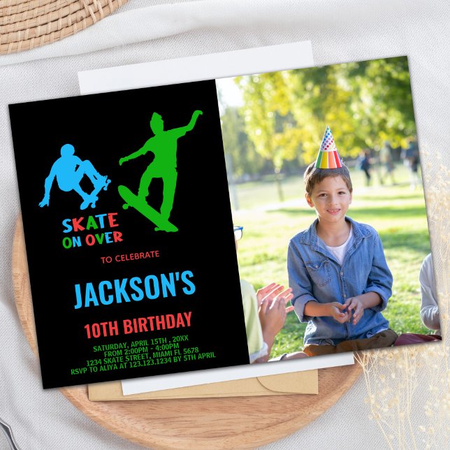 Invitation Green Black Photo Skateboards Anniversaire Invitat (Green Black Photo Skateboards Birthday Invitations)
