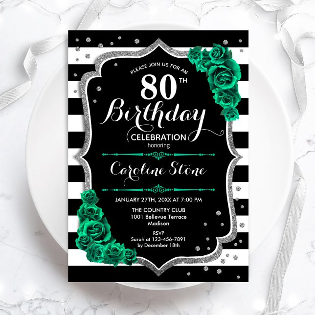 Invitation Green Black White Stripes Rose 80e anniversaire (Créateur téléchargé)