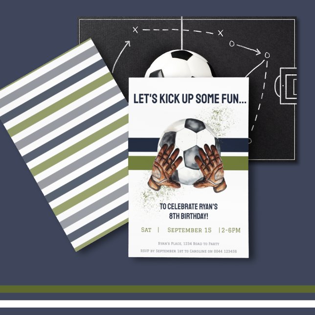 Invitation Green Blue Enfants Sport Football Anniversaire (Soccer Football Sports Game Time Let's Kick Up Fun Birthday Party Invitation)