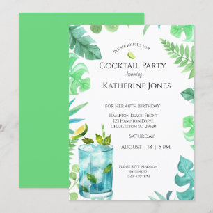 Invitation Green Blue Feuille 40e anniversaire Cocktail Party