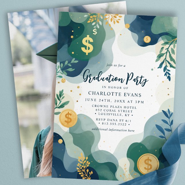 Invitation Green Blue Gold Finance Dollar Photo Grad Party (Créateur téléchargé)