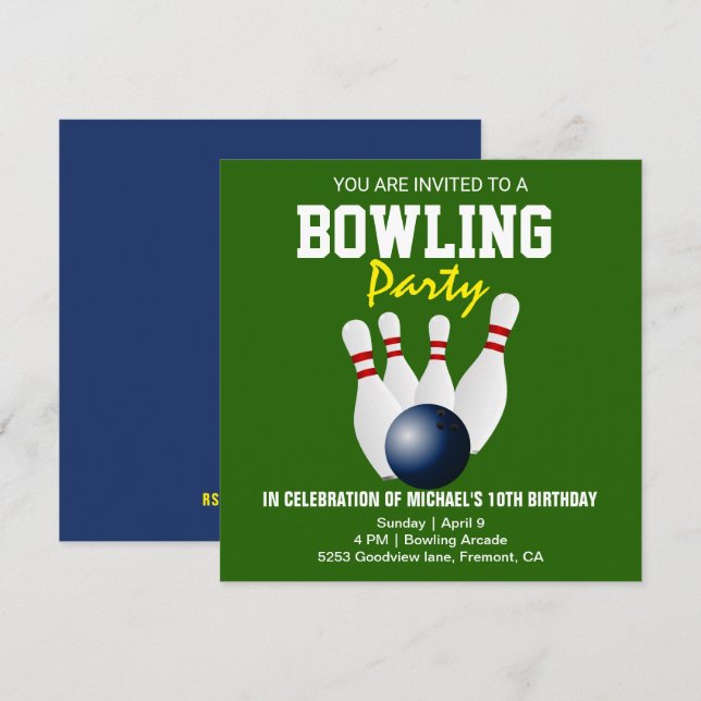 Invitation Green Blue Modern Bowling Party Anniversaire Invit (Devant / Derrière)