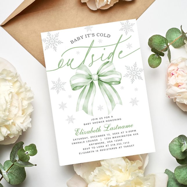 Invitation Green Bow Baby Its Cold Outside Winter Baby Shower (Baby Its Cold Outside Coquette Green Bow Birthday Invitation
#winterbabyshower
#genderneutralshower)