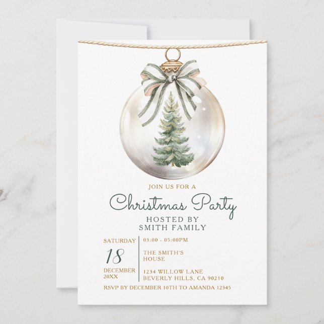 Invitation Green Bow Christmas Party Ornament Holiday Floral (Devant)