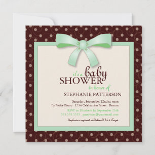 Invitation Green Bow Polka Dot Neual Baby Shower Invite