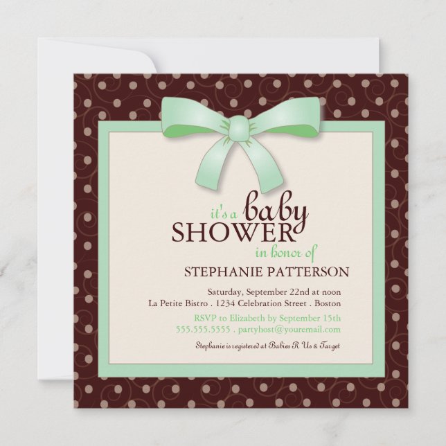 Invitation Green Bow Polka Dot Neutral Baby Shower (Devant)