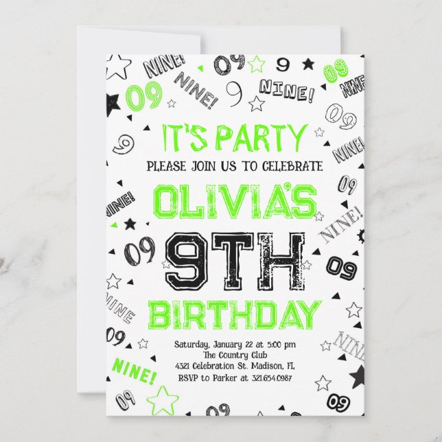 Invitation Green Boy Number Neuf fête d'anniversaire (Devant)