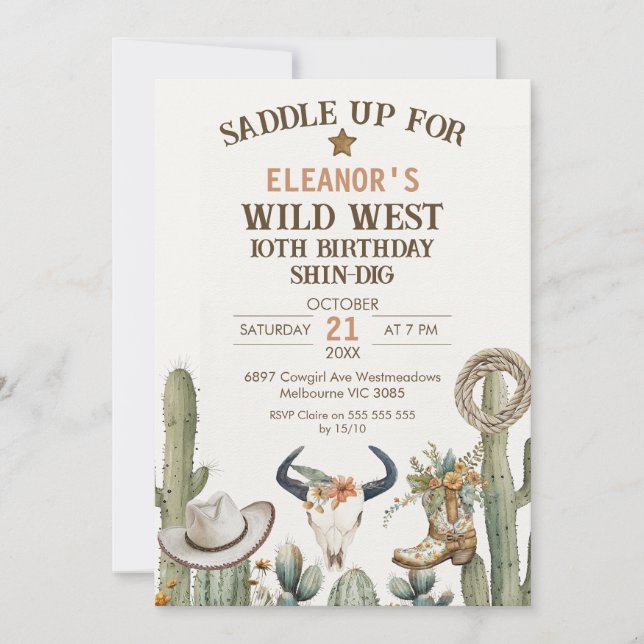 Invitation Green Brown Western Boots Sculth Anniversaire (Devant)
