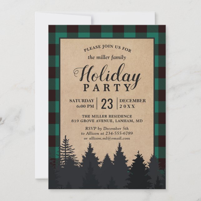 Invitation Green Buffalo Plaid Winter Forest Fête (Devant)