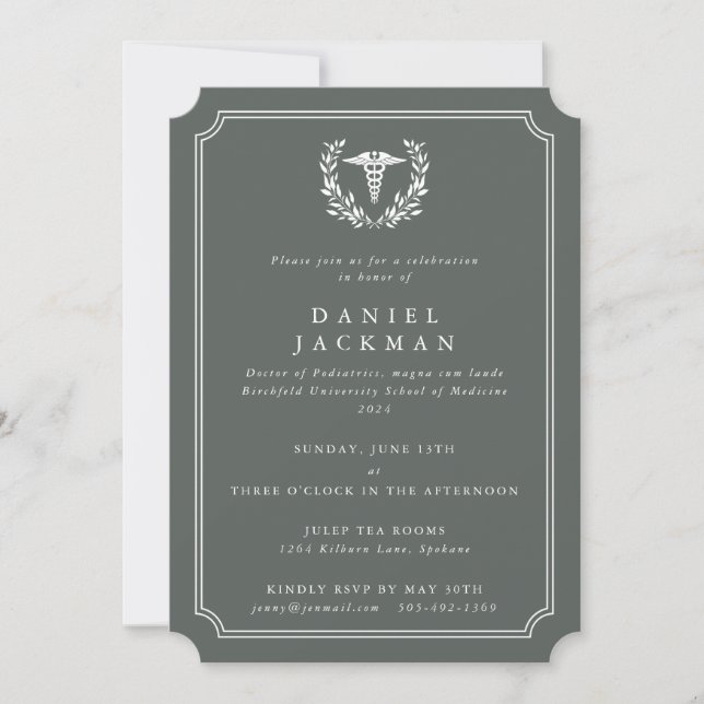 Invitation Green Caduceus+Laurel Médicale School Graduation (Devant)