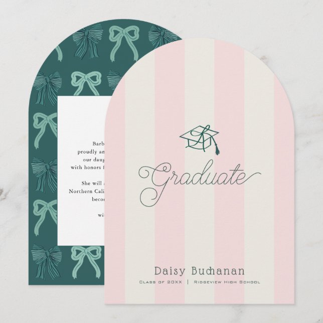 Invitation Green Cap Pink Stripes Bow Graduation Announcement (Devant / Derrière)
