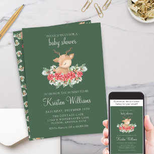 Invitation Green Christmas Poinsettia Little Deer Baby shower