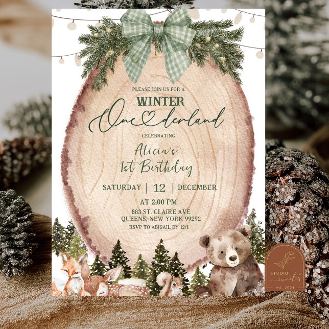 Invitation Green Coquette Rustic Winter Forest 1st Birthday (Créateur téléchargé)