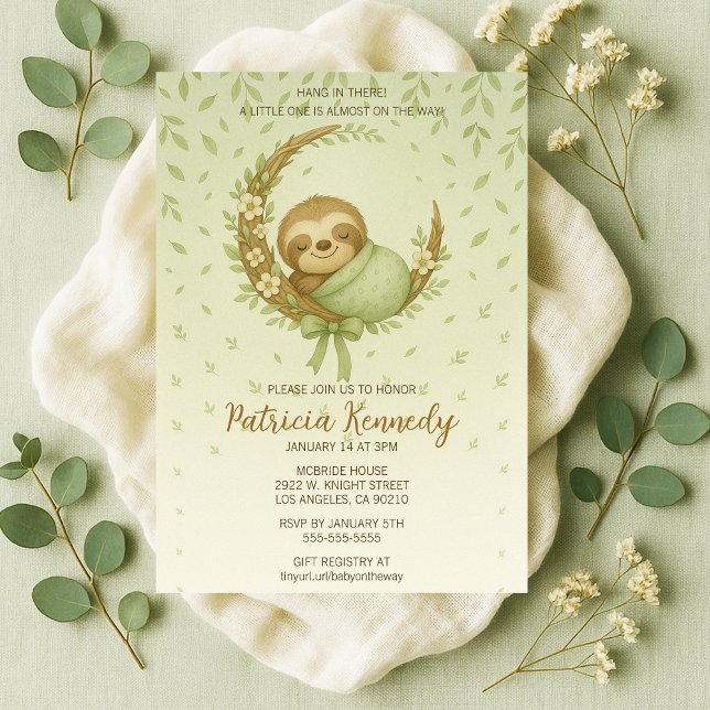 Invitation Green Cosy Baby shower de bois (Green Cozy Sloth Woodland Baby Shower Invitation
)