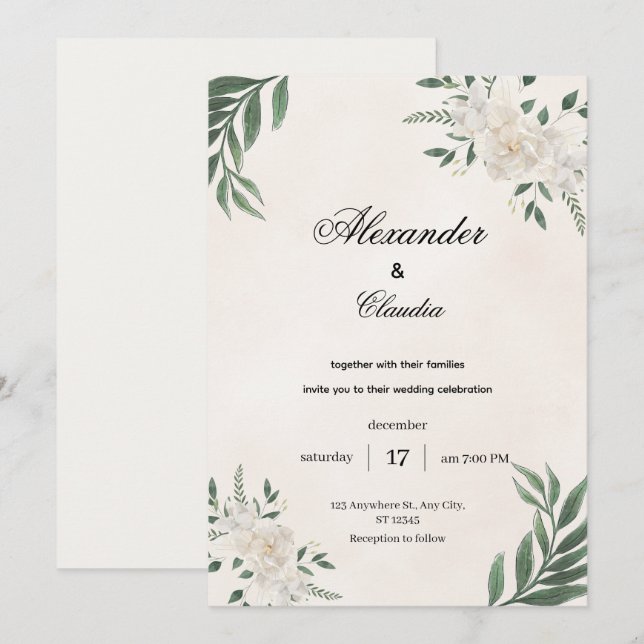 Invitation Green & Cream Botanical Wedding, (Devant / Derrière)