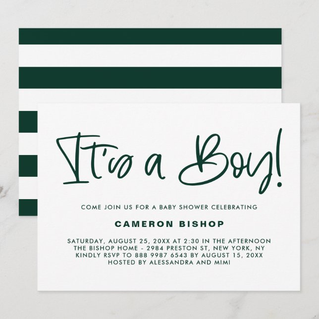 Invitation Green Cute Calligraphy C'est un Baby shower garçon (Devant / Derrière)