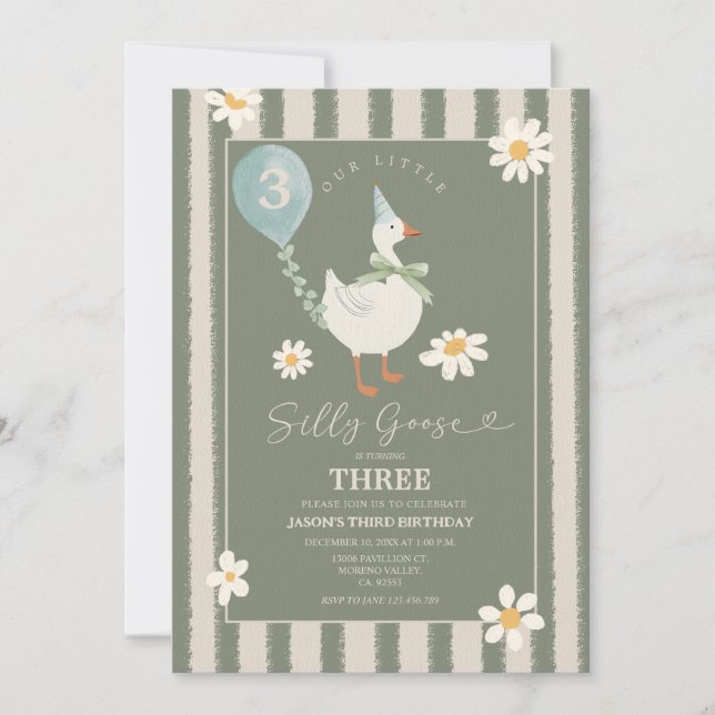 Invitation Green Daisy Little Silly Goose Boy 3e anniversaire (Devant)