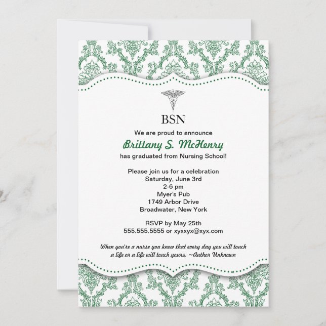 Invitation Green Damask Infirmière graduation pinning invitat (Devant)