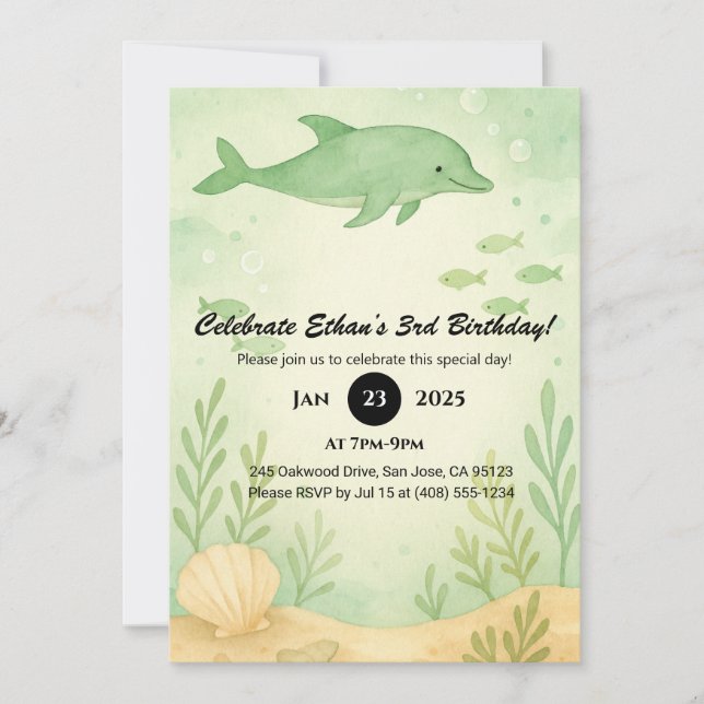 Invitation Green Dolphin & Undersea Garden Birthday  (Devant)