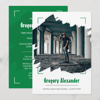 Invitation Green Edgy Abstrait Brushstroke Photo Graduation