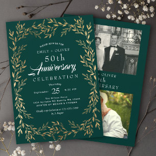 Invitation Green Elegant Gold Leaf Anniversaire Photo