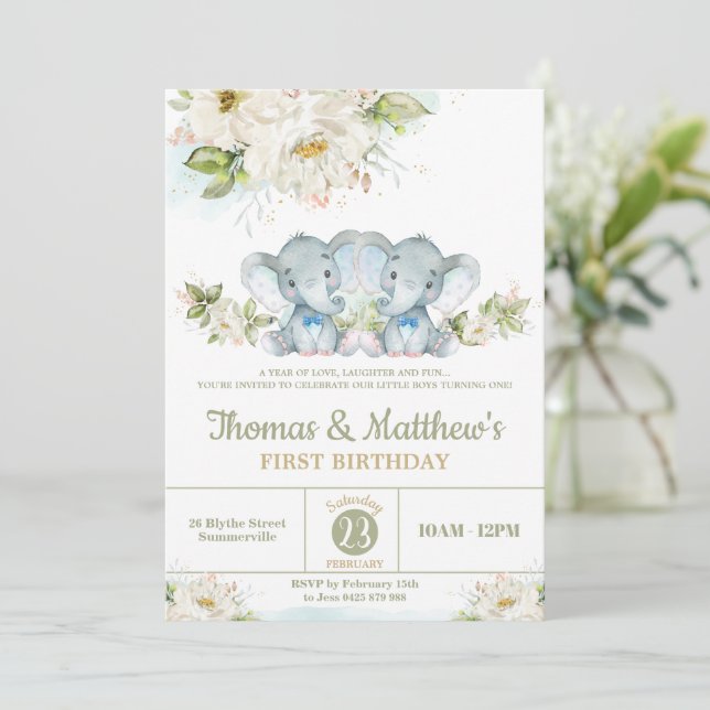 Invitation Green Elephant Twin Boys 1er anniversaire fête (Debout devant)