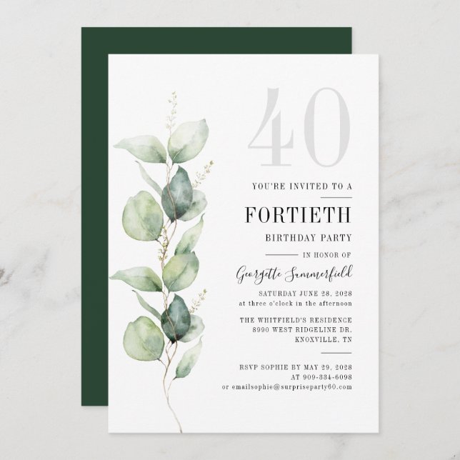 Invitation Green Eucalyptus 40e anniversaire (Devant / Derrière)