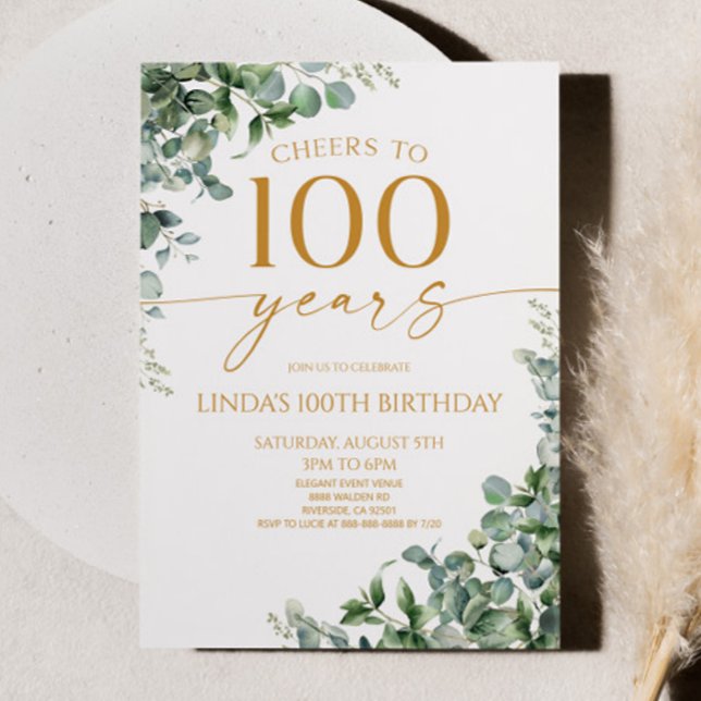 Invitation Green Eucalyptus Gold 100th Birthday Party (Créateur téléchargé)