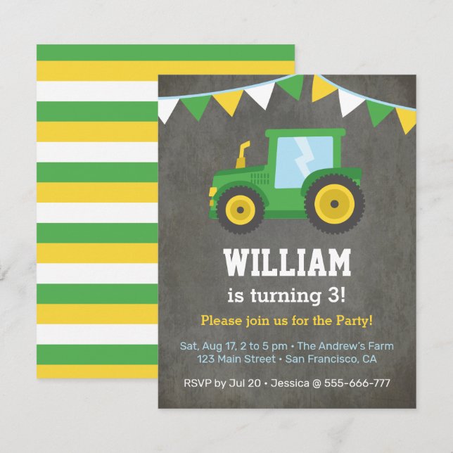 Invitation Green Farm Tractor Anniversaire de enfant Party (Devant / Derrière)
