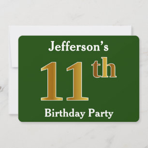Invitation Green, Faux Gold 11e fête d'anniversaire + Nom per