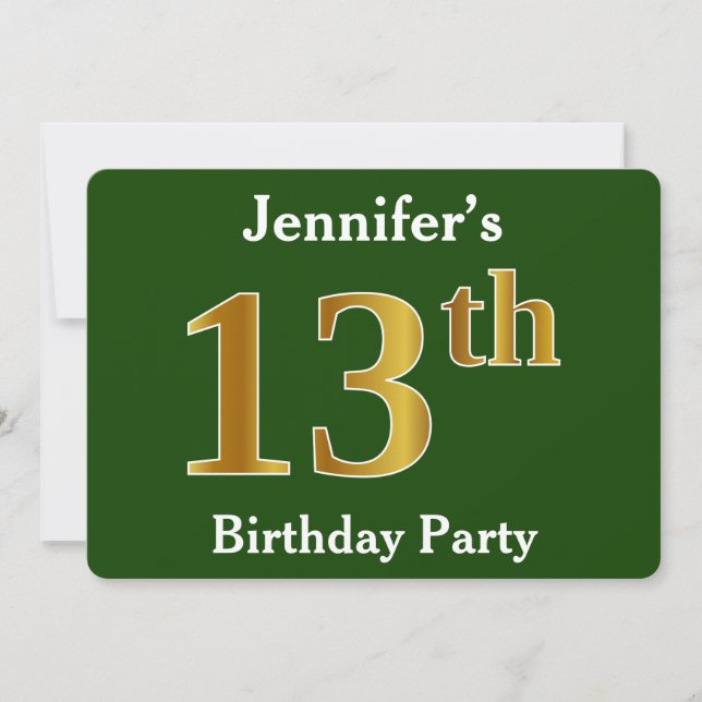 Invitation Green, Faux Gold 13e fête d'anniversaire + Nom per (Devant)