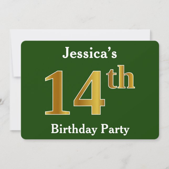 Invitation Green, Faux Gold 14e fête d'anniversaire + Nom per (Devant)