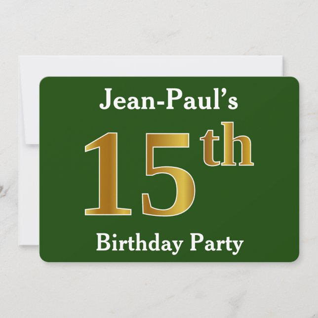 Invitation Green, Faux Gold 15e fête d'anniversaire + Nom per (Devant)