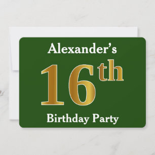 Invitation Green, Faux Gold 16e fête d'anniversaire + Nom per