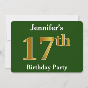 Invitation Green, Faux Gold 17th Birthday Party + Nom personn
