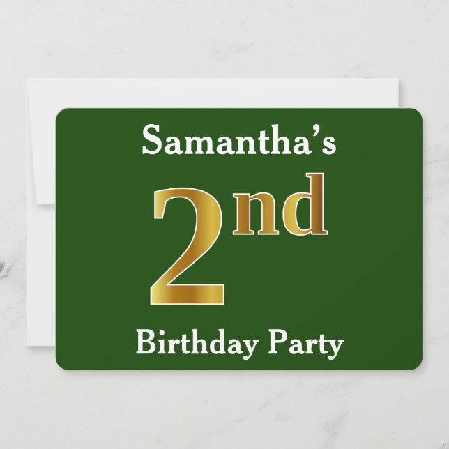 Invitation Green, Faux Gold 2e fête d'anniversaire + Nom pers (Devant)