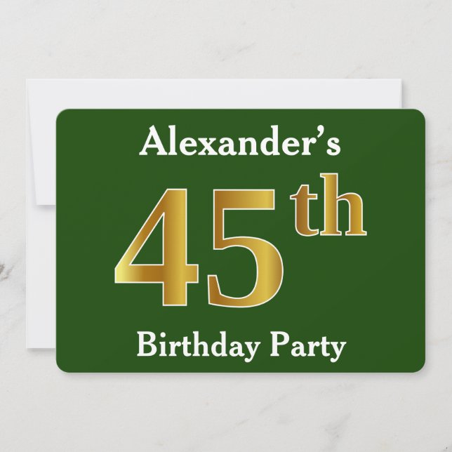 Invitation Green, Faux Gold 45th Birthday Party + Nom personn (Devant)