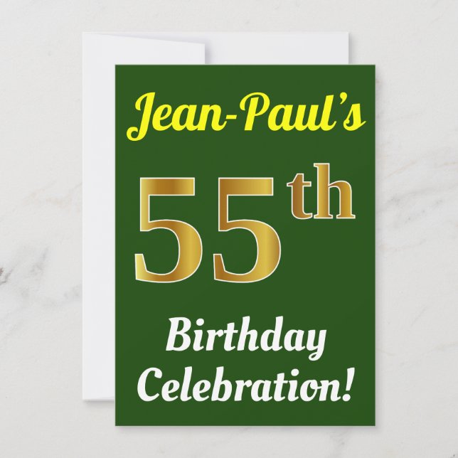 Invitation Green, Faux Gold 55th Birthday Celebration + Nom (Devant)