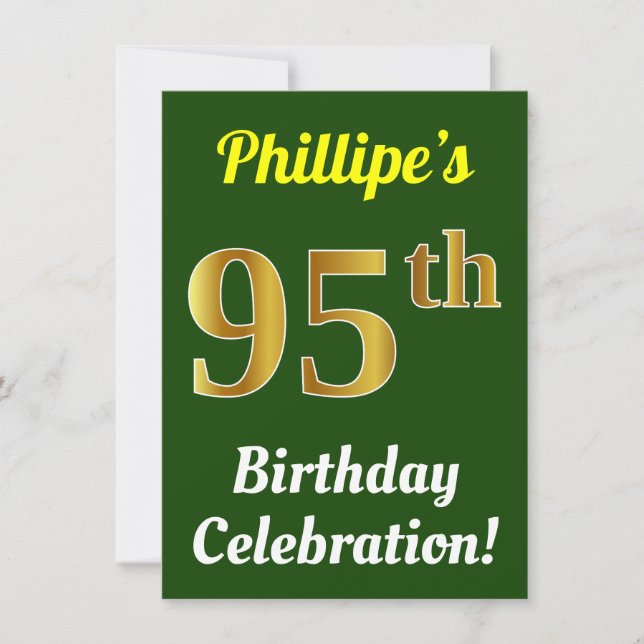 Invitation Green, Faux Gold 95th Birthday Celebration + Name (Devant)